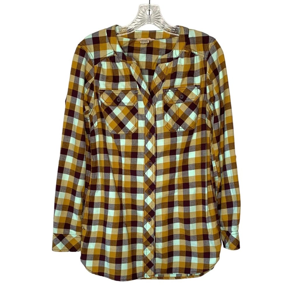 DULUTH TRADING CO. Brown + Blue Plaid Collarless Button-Up Flannel Top Size XS